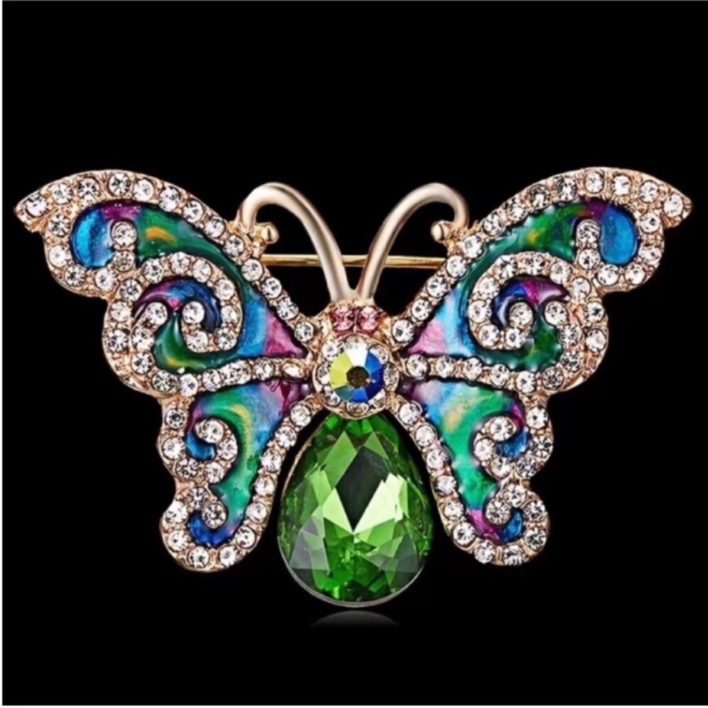 Women’s Green Rhinestone Butterfly Brooch Pin Sweater Shawl Clips Corsages Pins